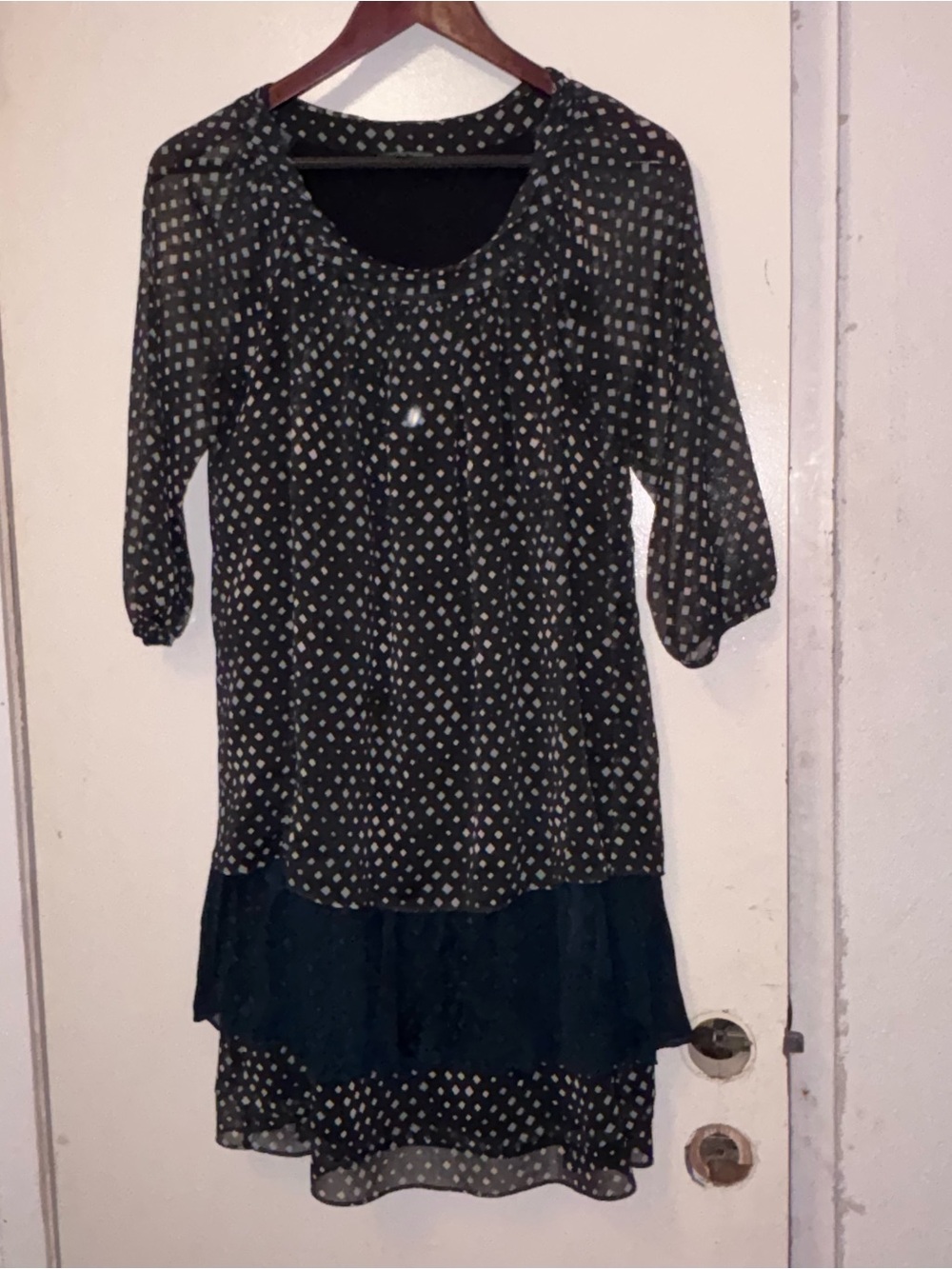 United Colors Of Benetton Black Polka Dot Long Sleeve Dress with Layered Hem